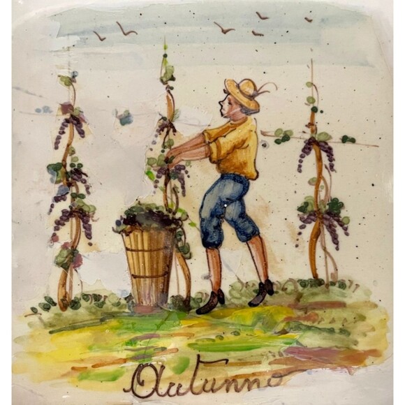 Set of 4 Hand Painted SEASONS Square Plates 9" Italy Vintage RARE - Picture 10 of 16